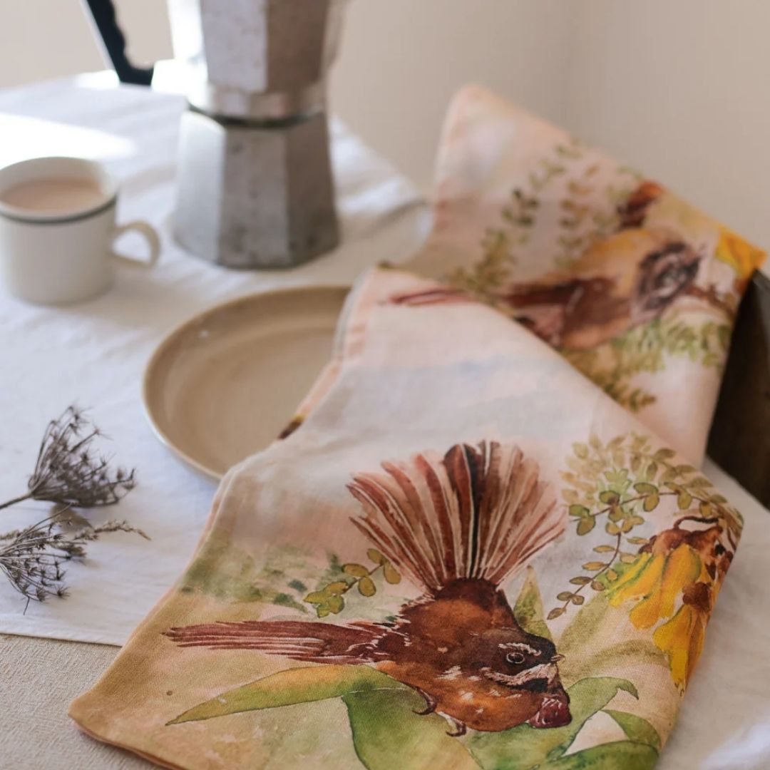 Linen Tea Towel- Pīwakawaka (Fantail)