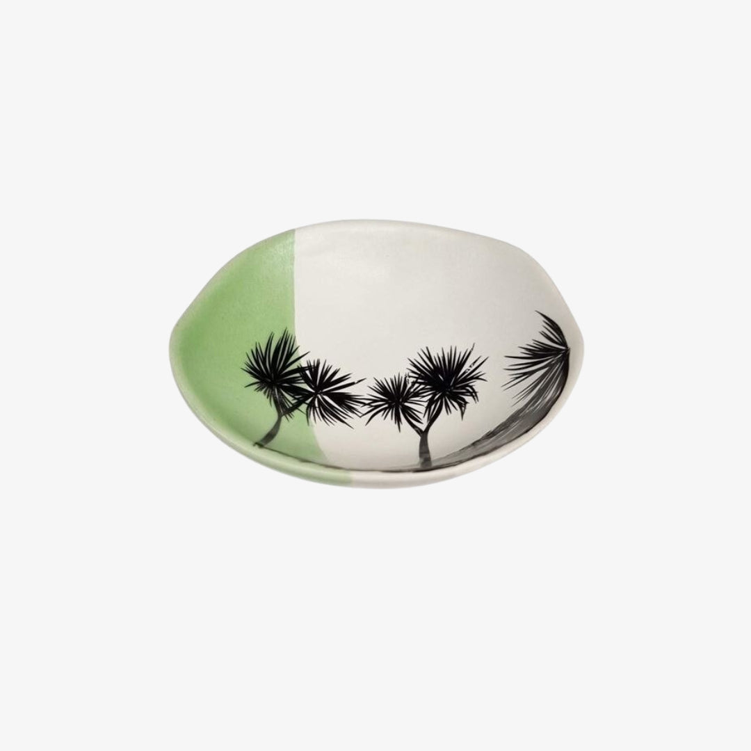 Cabbage Tree Bowl 7cm Black Print on White Dipped Green