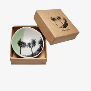 Cabbage Tree Bowl 7cm Black Print on White Dipped Green