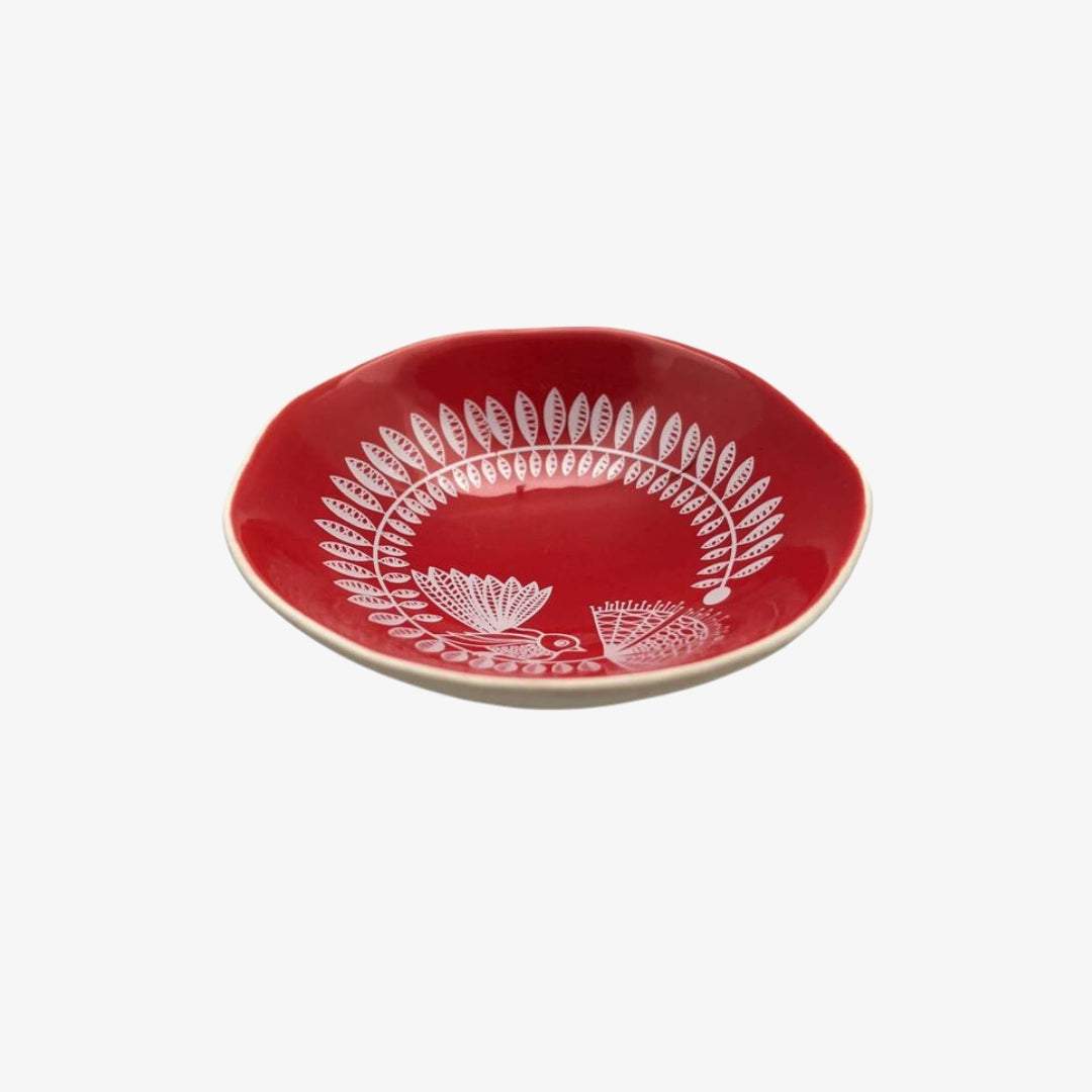 *Fantail & Pohutukawa Bowl 7cm White Print on Red