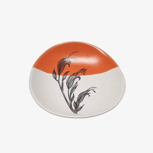 Harakeke Flower Bowl 10cm Black Print on White Dipped Orange