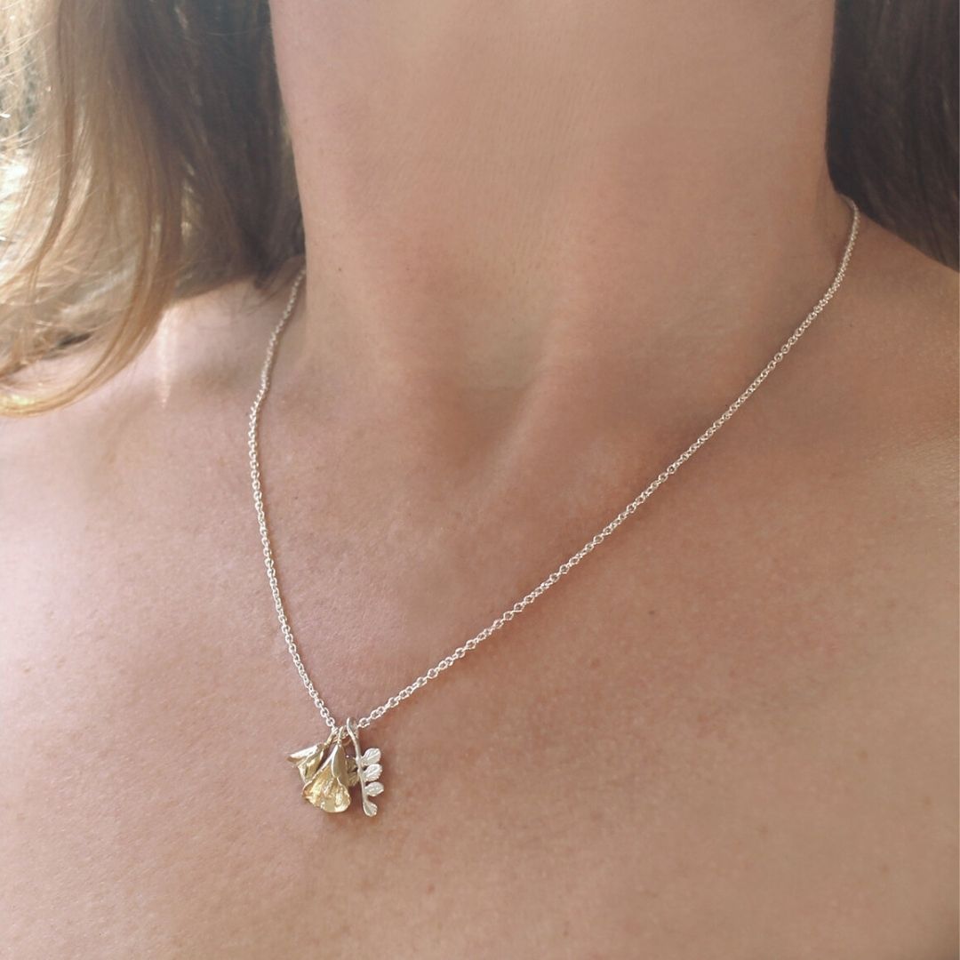 Double Kowhai Bell & Leaf Necklace