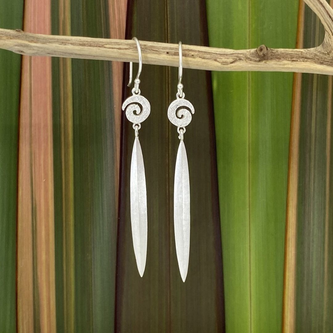 Harakeke (Flax) Drop Earrings - Koru Icon